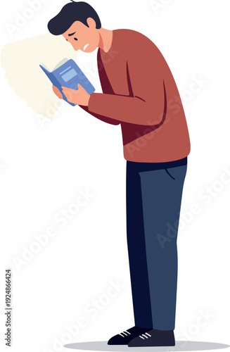 Man Reading Book With Worried Expression Flat Design