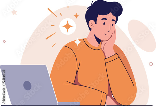 Man Resting Chin on Hand Near Laptop in Orange Sweater with Stars