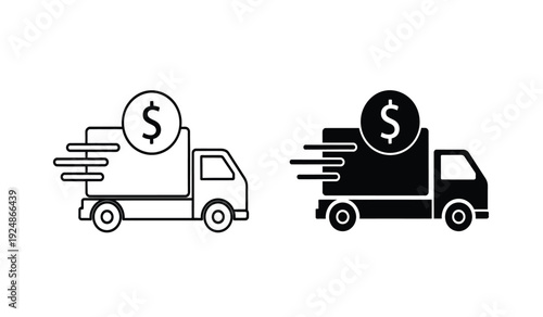Two trucks with dollar sign on coins on top moving fast with boxes in the back