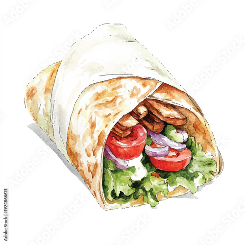 Watercolor Shawarma Wrap with Tomatoes Lettuce Red Onion and Grilled Meat