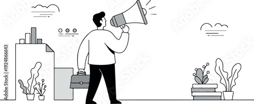 Man With Megaphone Announcing News With City Buildings and Plants in Minimalist Style