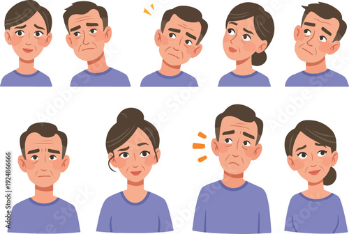 Mature Couple Expressing Various Emotions Flat Vector Illustration