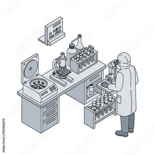 Scientist working in a laboratory with various equipment and test tubes.