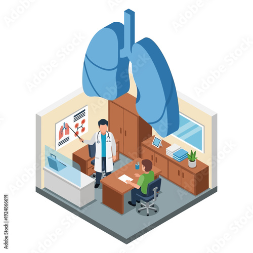 Doctor explaining lung health to a patient in a medical office.