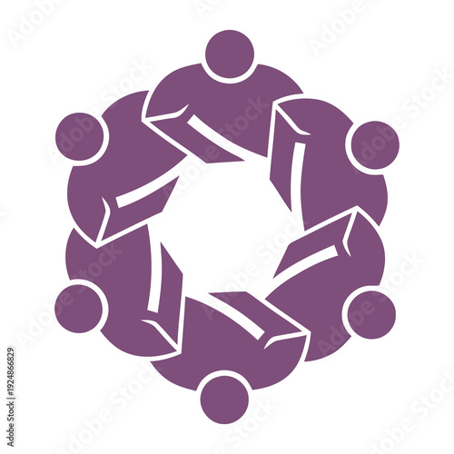 Purple teamwork partnership collaboration unity symbol with six people holding hands in circle icon