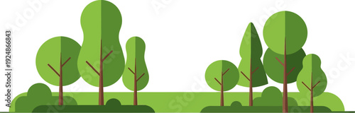 Stylized Flat Design of Green Trees and Bushes in a Park Setting, Evoking a Sense of Nature and Serenity
