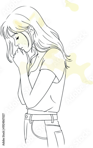 Minimalist Vector Line Art of a Woman Crying with Yellow Splash Details