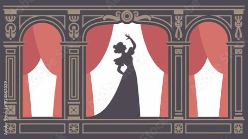 A woman in a long dress stands on stage in front of a red curtain