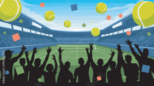 A lively crowd celebrates at a vibrant tennis stadium with flying balls and confetti in the air.