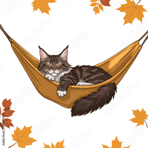 Pixel Art Cat Sleeping In Hammock Autumn Leaves White Background