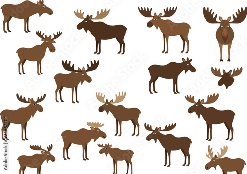 Moose Animal Collection Flat Design Minimalist Icons White Background Isolated Vector