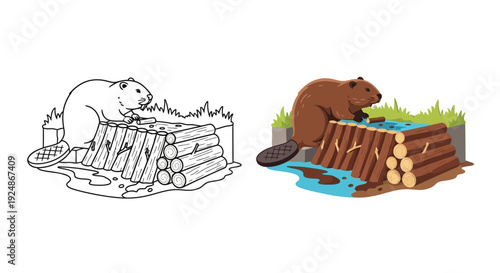 Cute cartoon beaver diligently working on building its wooden lodge structure next to a small body of water in this delightful vector illustration set