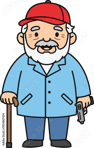 Cartoon elderly man holding handgun and cane, senior character with firearm illustration, self defense or safety concept isolated flat vector design
