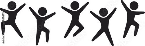 A cheerful group of five black human figures depicted in various dynamic jumping poses