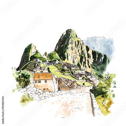Watercolor Sketch of Machu Picchu Mountaintop Inca Citadel