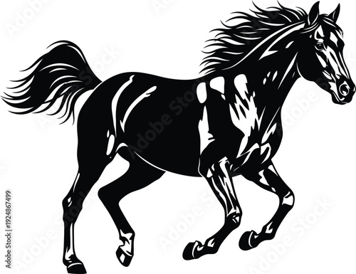 Majestic Black Running Horse Vector Illustration on Transparent Background.