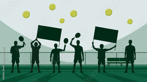 A group of people playing pickleball on a court with a fence and mountains in the background