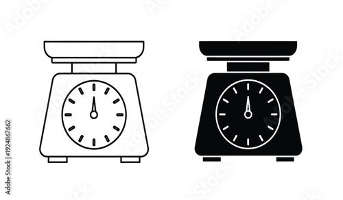 Two kitchen scales in black and white with dials and plates on top for measuring weight