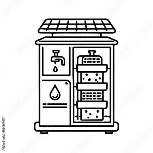 An outline of a solar water purification system, embodying the essence of environmental responsibility and sustainable technology. Illustrating a commitment to clean water and a healthier planet.