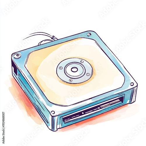 Watercolor Sketch of Vintage Hard Disk Drive with Cable