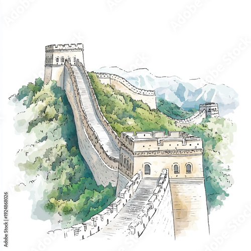 Watercolor Sketch of the Majestic Great Wall of China with Lush Surroundings