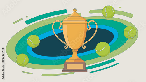 A golden trophy cup surrounded by green tennis balls on a colorful abstract background