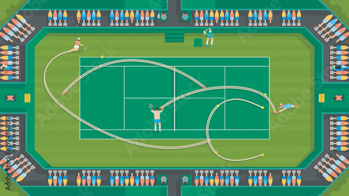 An aerial view of a lively tennis match in progress on a green court with spectators