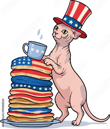 Patriotic Sphynx Cat With US Flag Pancakes And Coffee