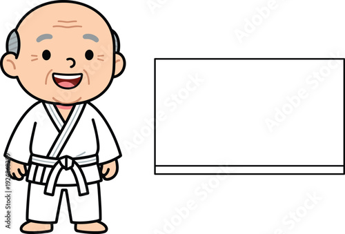 Cartoon martial arts master in white karate uniform standing beside blank board, dojo training concept illustration isolated flat vector character design