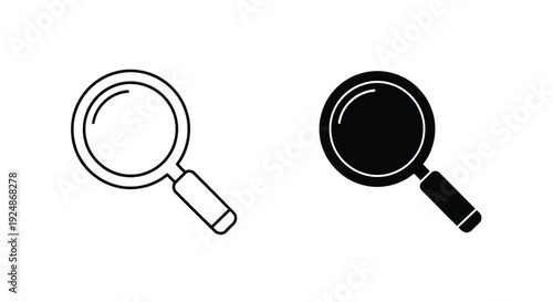 Simple vector illustration graphic featuring two magnifying glass icons one line art and one solid black silhouette for search discovery tools