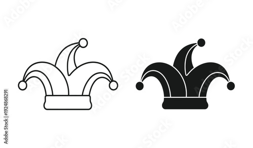 Two jester hats in black and white line art