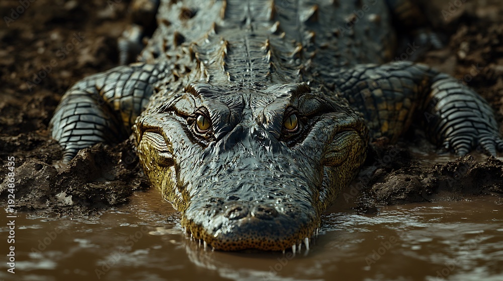 Obraz premium Crocodile Resting in Mud, Eyes Staring Intently at the Viewer