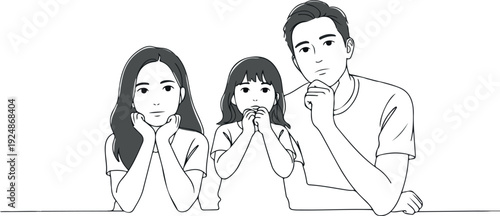 Pensive Family Duo Three People Pondering Together in Minimalist Line Art