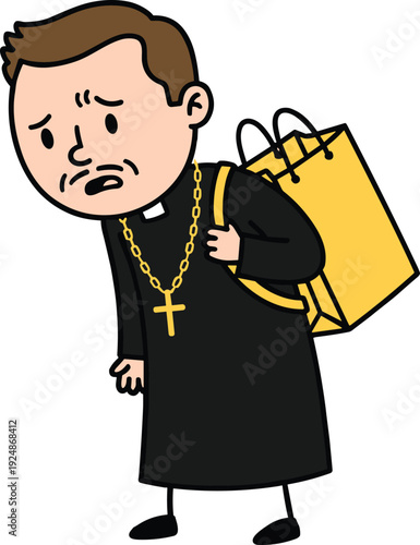 Cartoon priest carrying heavy shopping bags, tired clergyman character illustration, religion and daily life concept isolated flat vector design