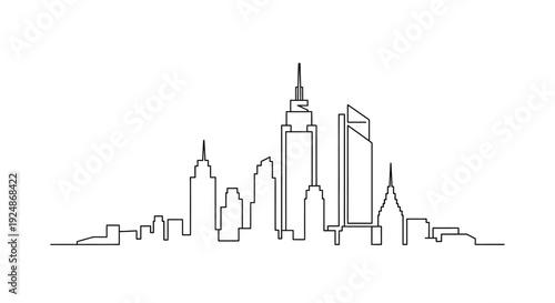 Minimalist line drawing depicting a city skyline with prominent skyscrapers