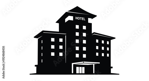 Simple black and white illustration of a multi story hotel building with a sign