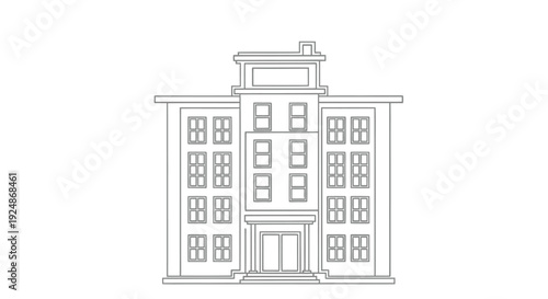 Simple line drawing of a hotel building with a sign on the roof