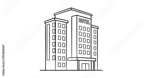 Simple line drawing of a modern hotel building with a prominent hotel sign