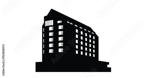 Minimalist silhouette of a modern high rise building against a plain white background