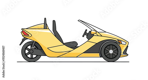 Illustration of a bright yellow three wheeled vehicle resembling a motorcycle and car