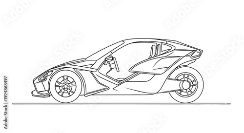 Line drawing of a three wheeled vehicle resembling a futuristic sports car