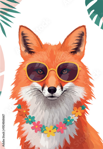 Pixel Art Fox Wearing Sunglasses and Flower Lei Simple Hawaiian Style