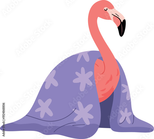 Pink Flamingo Covered In Purple Floral Blanket Minimalist Illustration
