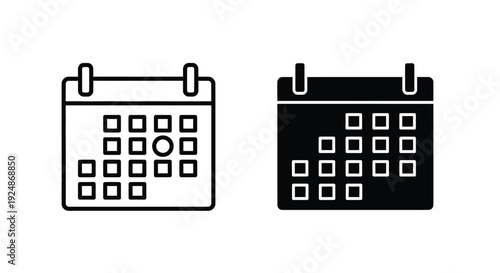Modern vector graphic illustration showcasing two calendar icons, one outline style and other silhouette