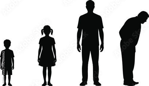 Human aging stages silhouette set isolated on white background, vector illustration showing boy, girl, adult man, and elderly senior life progression