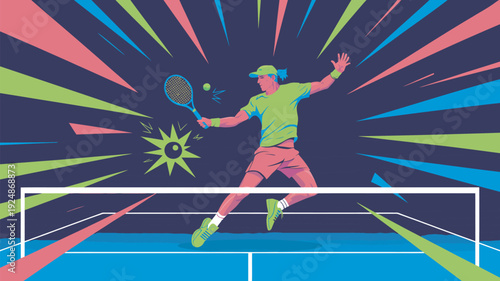 A vibrant illustration of a tennis player in action on a colorful court with dynamic lines