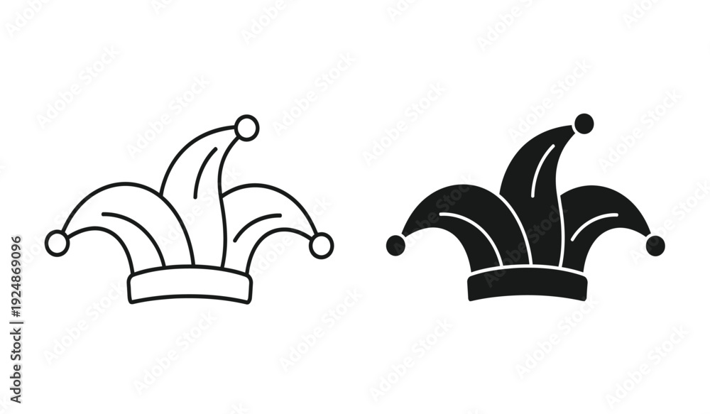 Naklejka premium Two jester hats in black and white line art and solid fill