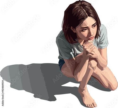 Pixel Art Girl Crouching Sadly Detailed Shading Realistic Shadows White Background