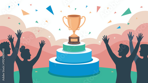 A group of people celebrating with a trophy on a colorful podium with confetti in the air