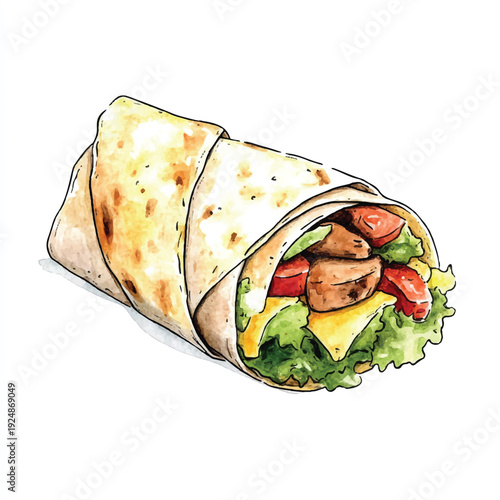 Watercolor Style Chicken Wrap with Lettuce Tomato and Cheese Illustration